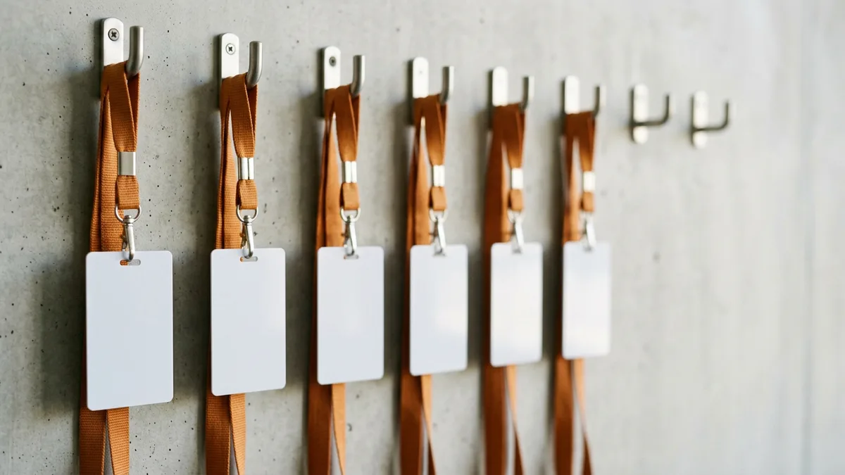Six blank access cards on orange lanyards beside two empty hooks, representing contractors added to an engineering team in waves
