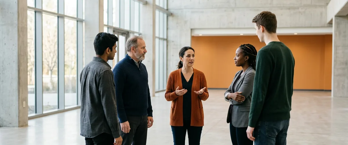 Engineering director talking with four software engineers in an office atrium while planning how to scale the team with contractors