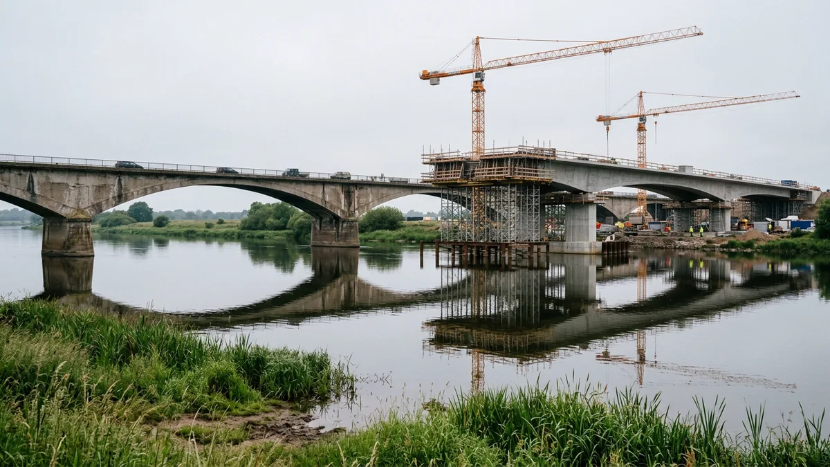 Old concrete bridge still carrying traffic beside a new bridge under construction with orange cranes, illustrating the expand, migrate, contract schema rollout