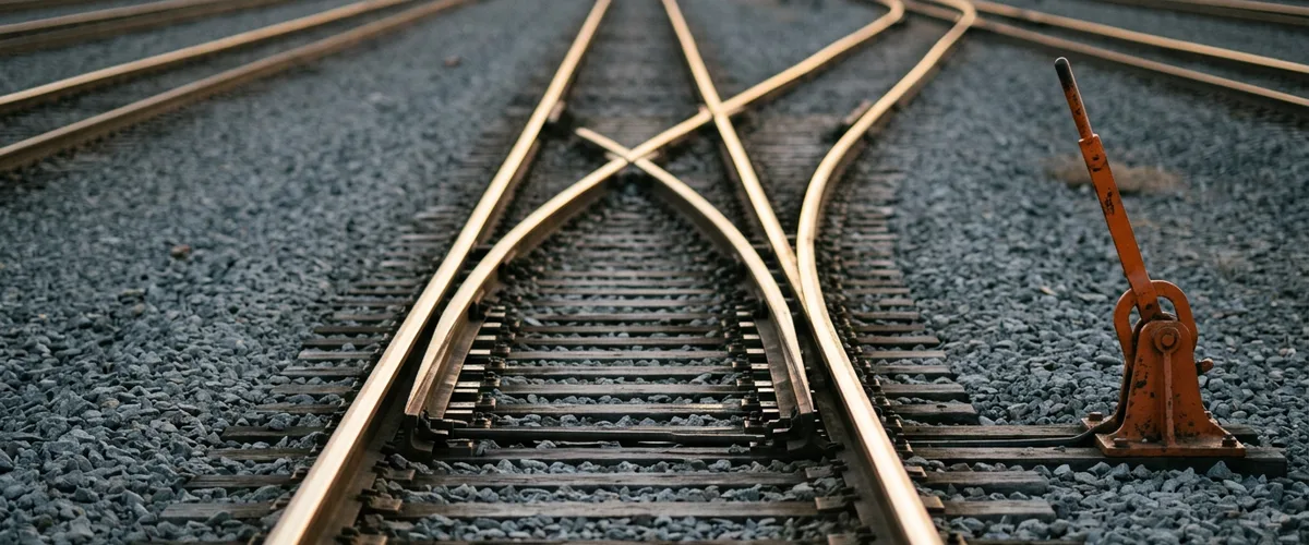 Railway switch points dividing one track into two beside an orange switch lever, representing event schema evolution without downtime