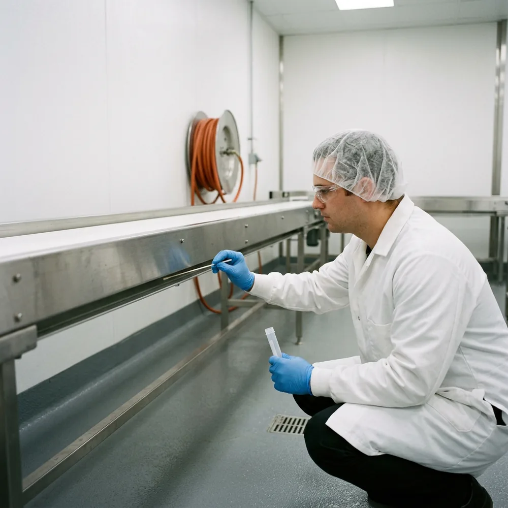 Microbiologist in a hairnet, lab coat and blue gloves crouching to swab the underside of a stainless steel conveyor in a food processing plant