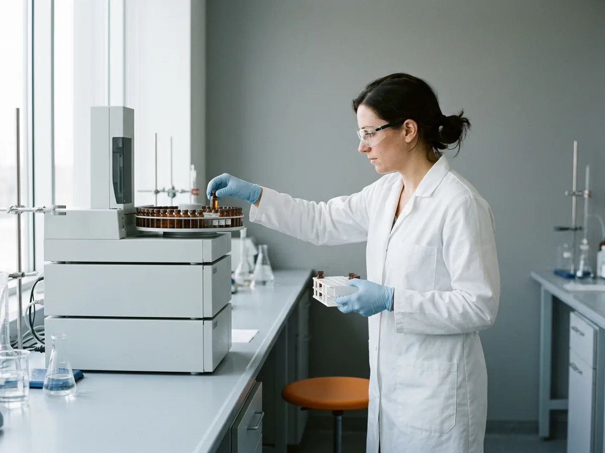 Chemist in a white lab coat, safety glasses and blue gloves placing an amber-capped vial into the sample carousel of a liquid chromatography instrument