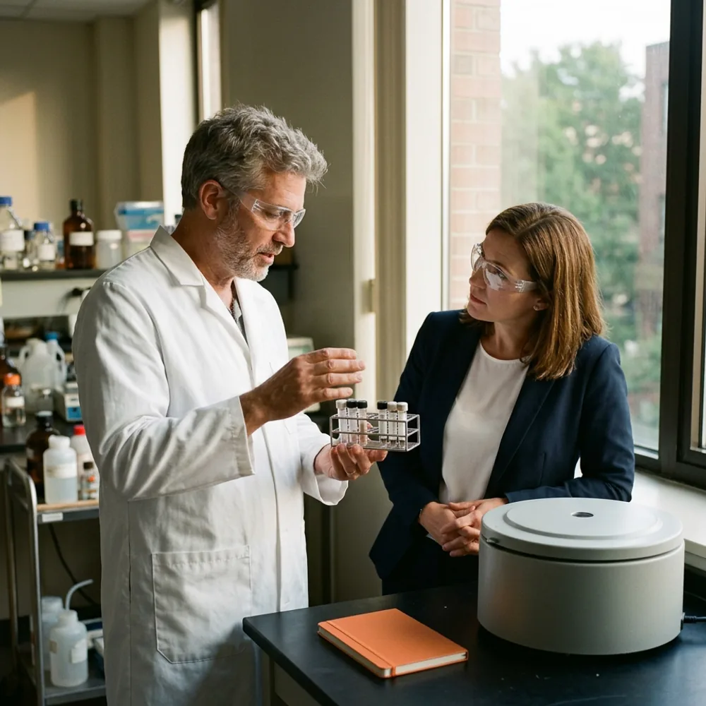 Lab manager in a white coat holding up a rack of sample tubes while a recruiter in a navy blazer and visitor safety glasses listens beside a benchtop centrifuge