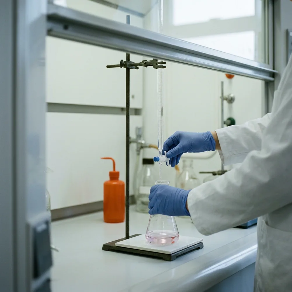 Gloved hands turning a burette tap and swirling a conical flask whose liquid has just turned pale pink inside a laboratory fume hood