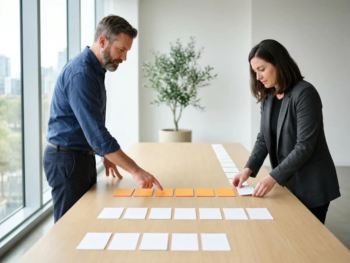 Senior data engineer and head of data laying out blank index cards in rows of increasing length on an office table