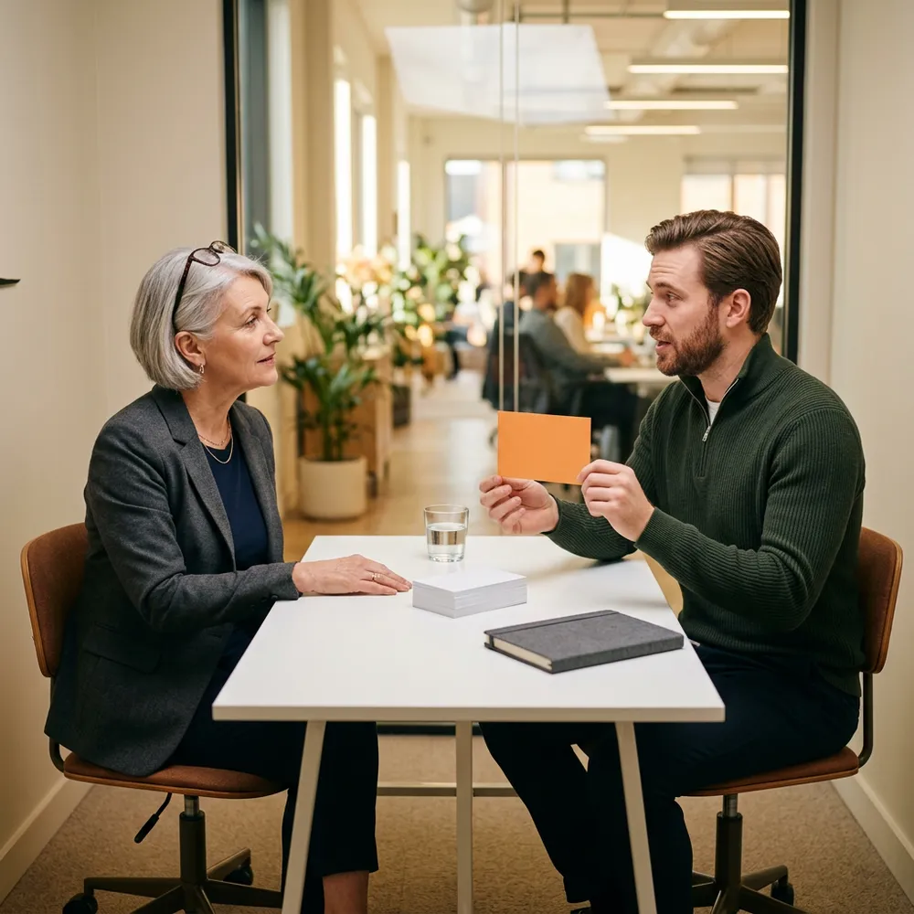 Hiring manager holding up a blank orange index card while explaining a data engineering role to a KORE1 recruiter
