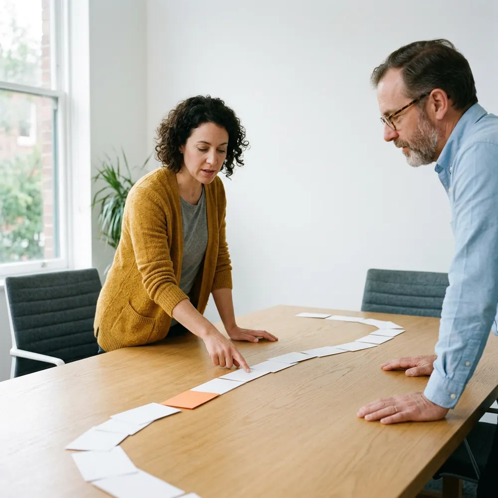 Senior data engineer candidate tracing a path of blank index cards across a table while an interviewer listens