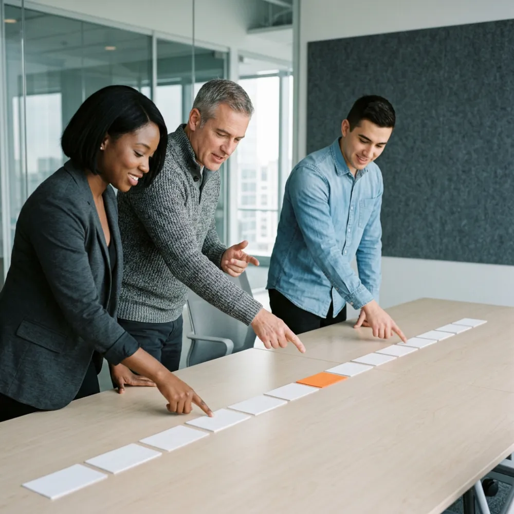 Three data engineers at a tall table each pointing at a different card in one long row of blank index cards