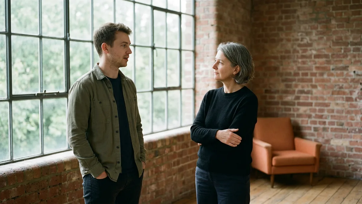 Senior marketing leader listening to a younger colleague by a tall loft studio window, illustrating hiring one level down for a hard-to-fill role