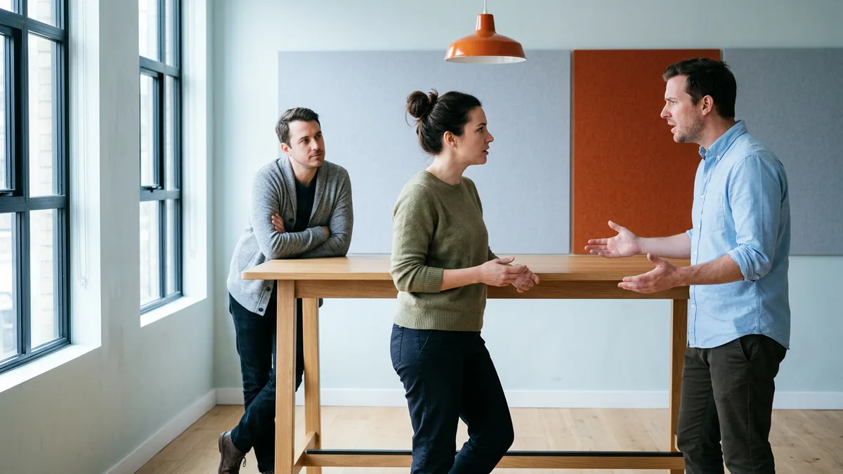 A senior product manager arguing through a roadmap tradeoff with an engineering lead and a designer at a standing table