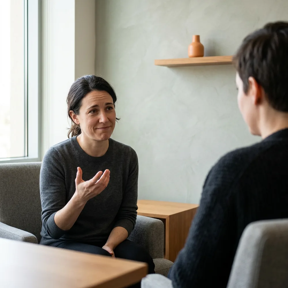 A senior product manager candidate mid story, explaining a decision she made, while a KORE1 recruiter listens