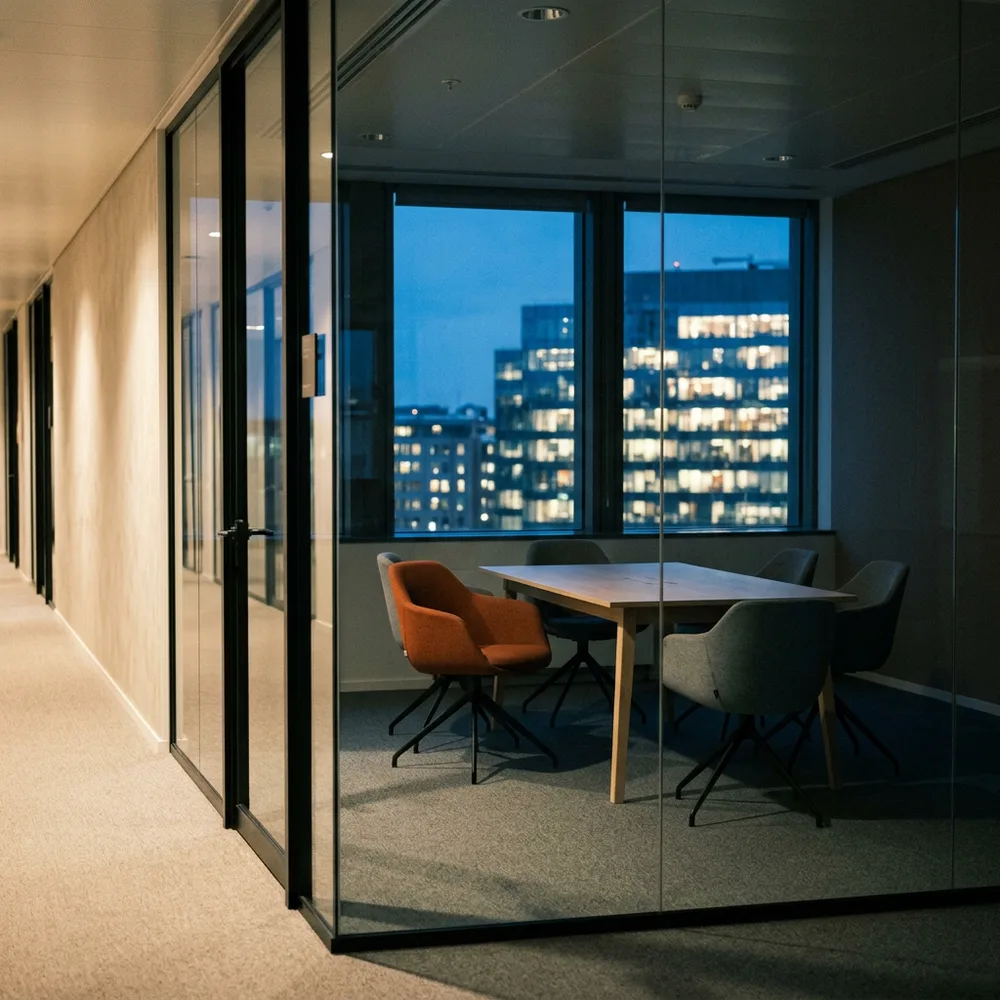 An empty glass walled interview room at dusk seen from the corridor, chairs pushed back from a bare table