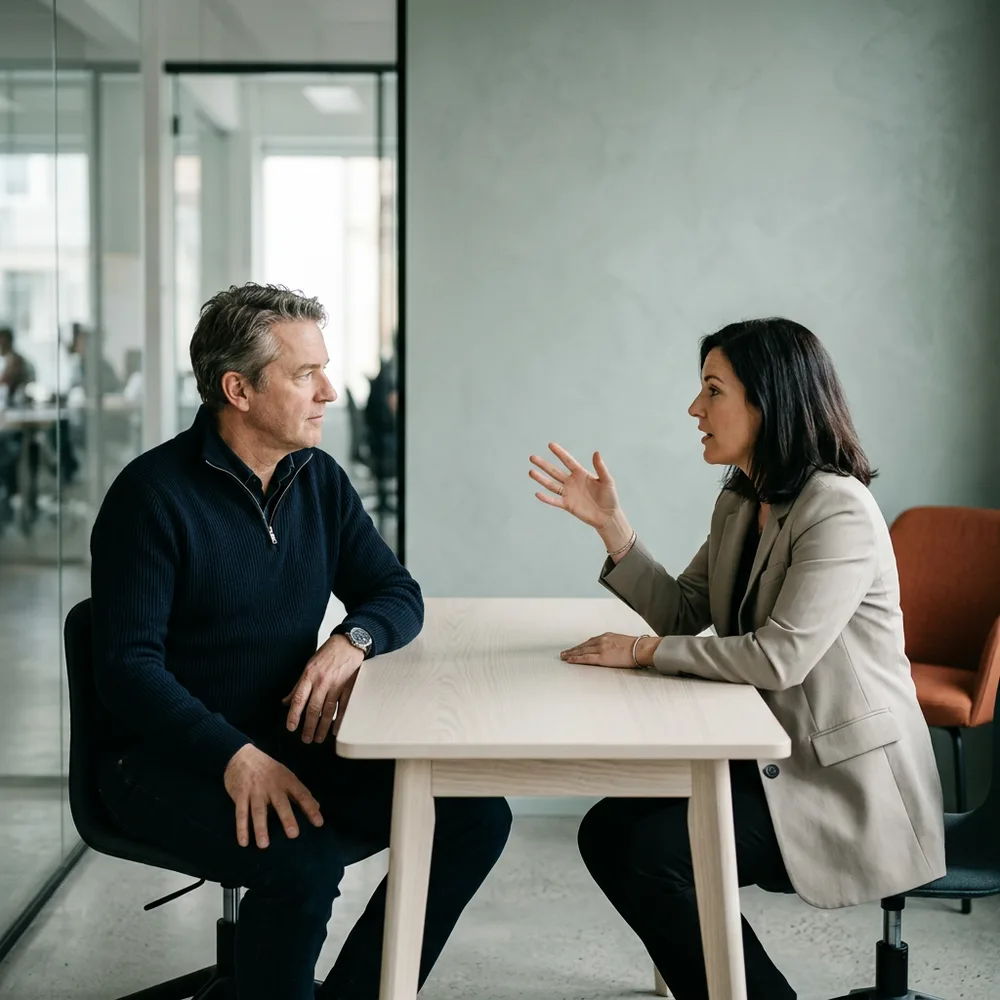 A hiring manager and a KORE1 product recruiter talking across a bare table in a glass walled meeting room