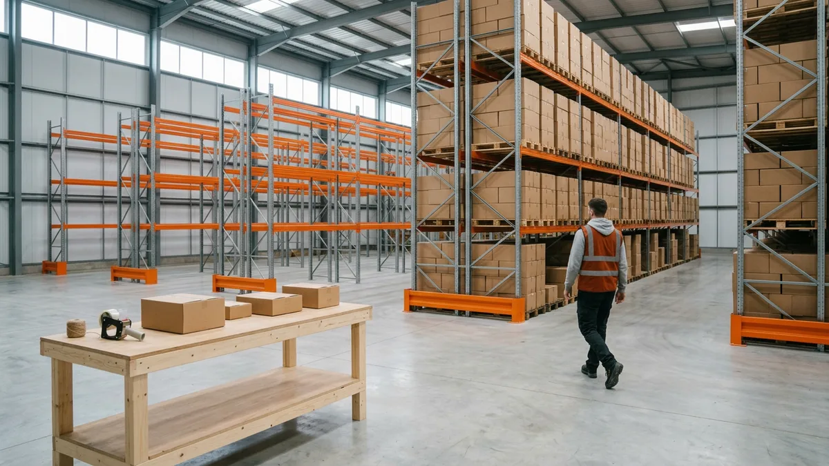 3PL warehouse aisle with orange pallet racking and a packing bench, where Shopify orders and wholesale pallets draw from the same ERP inventory