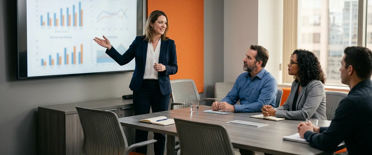 Engineering executive presenting a SOC 2 audit readiness review to colleagues in a conference room