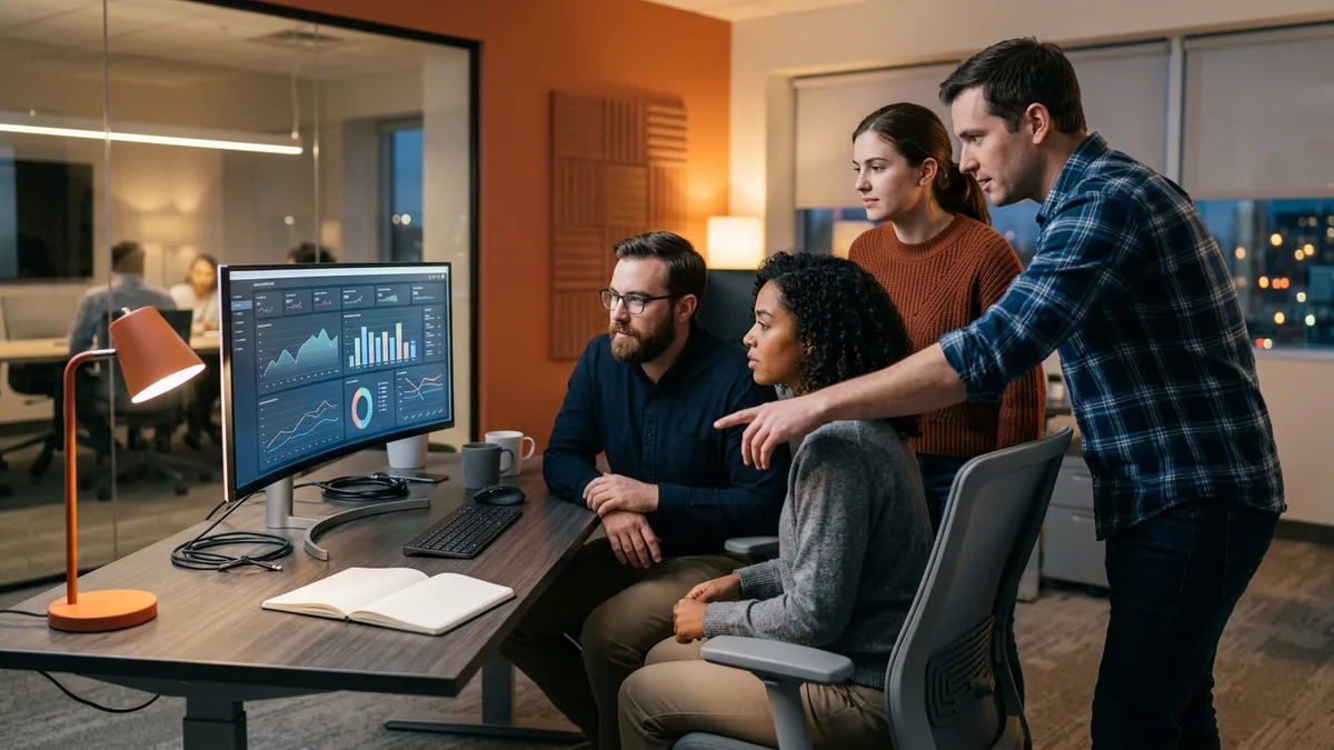 Engineering team reviewing an access control audit dashboard together at a shared workstation
