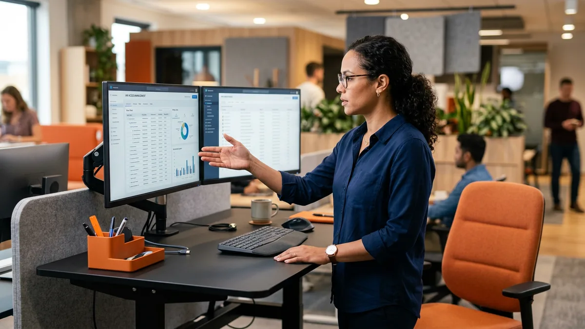 Security engineer reviewing IAM access permissions on dual monitors during a SOC 2 audit cycle