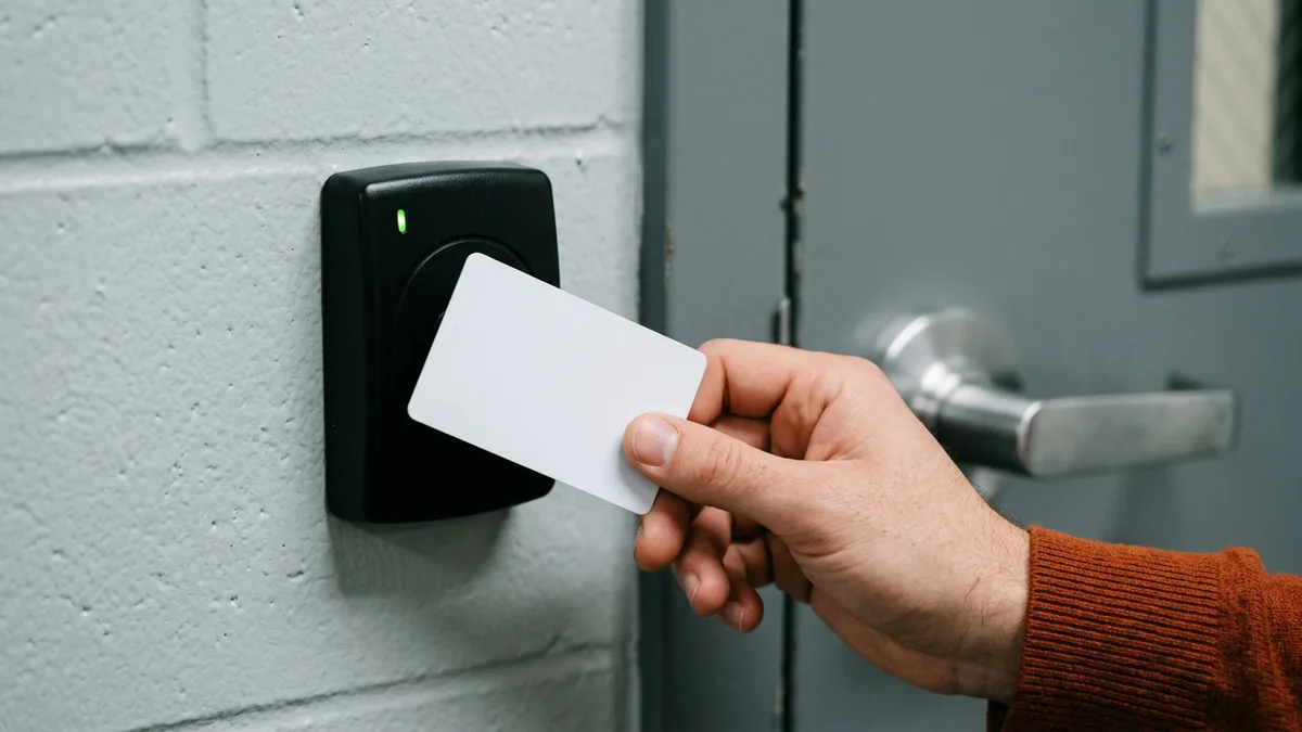 Hand holding a blank access card to a card reader beside a steel door at a secure SOC facility