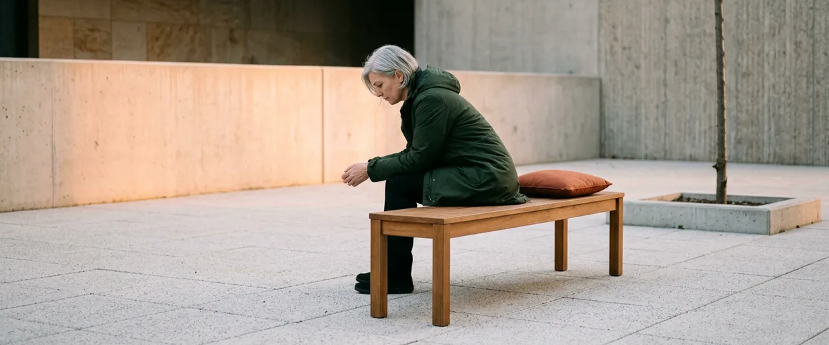 SOC analyst in a green parka sitting alone on a wooden bench in an office courtyard at dawn after an overnight shift