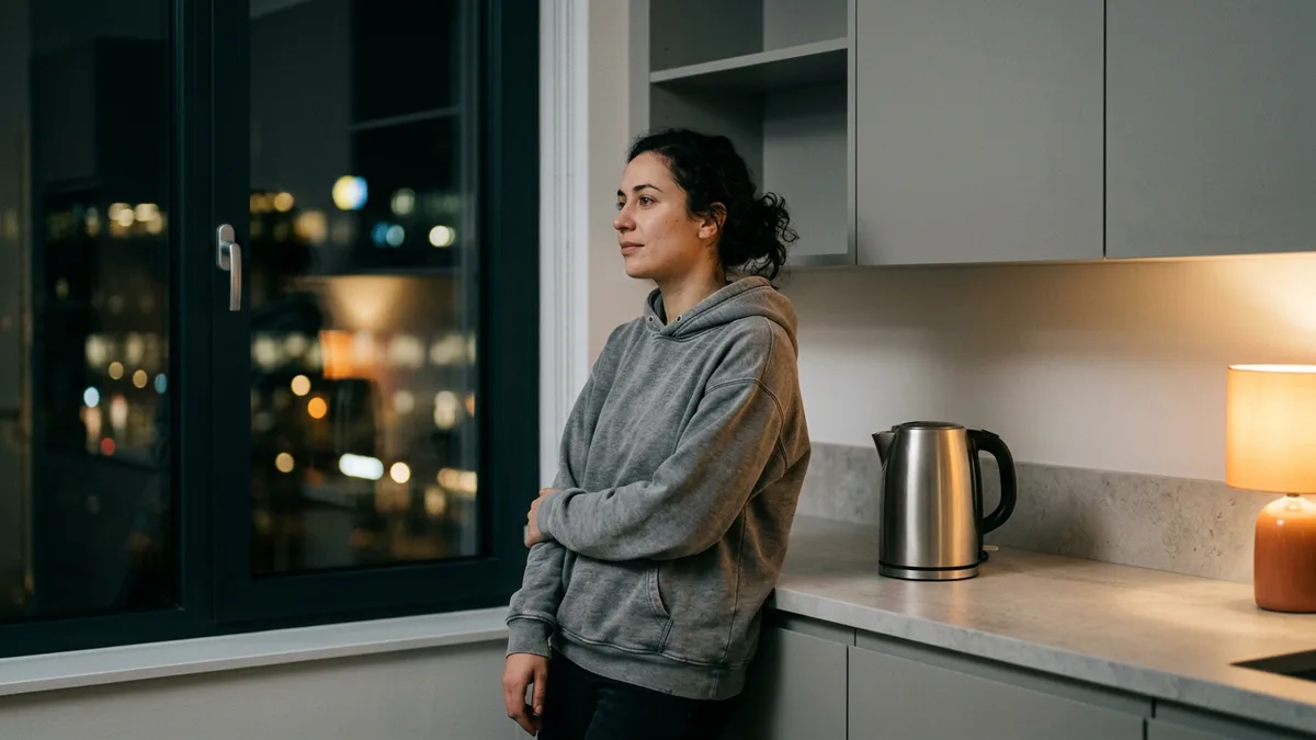 SOC analyst in a grey hoodie waiting by a kettle in a dark office kitchenette during an overnight security shift
