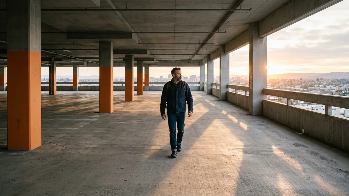 Security operations analyst walking across an empty parking structure at sunrise at the end of a night shift