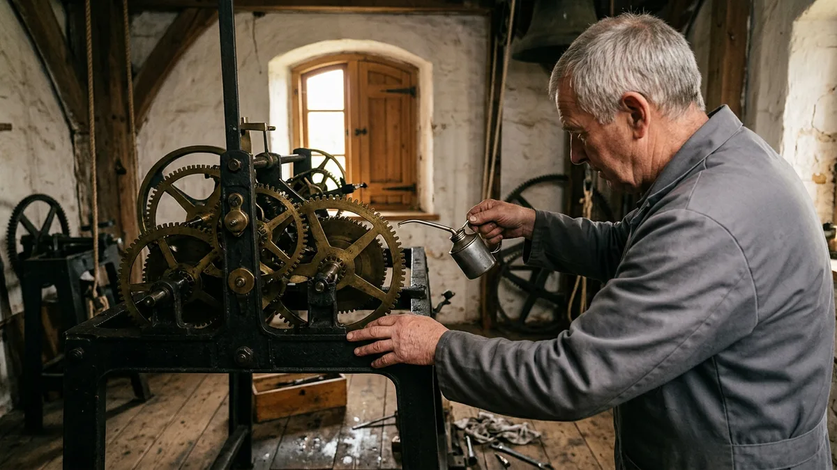 Technician oiling the gears of an old clock tower mechanism, representing the ongoing retesting every software customization needs after vendor releases