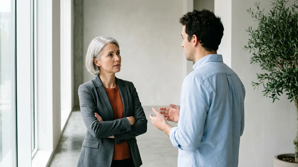 Procurement lead with arms folded listening to a hiring manager explain a named consultant working under a statement of work