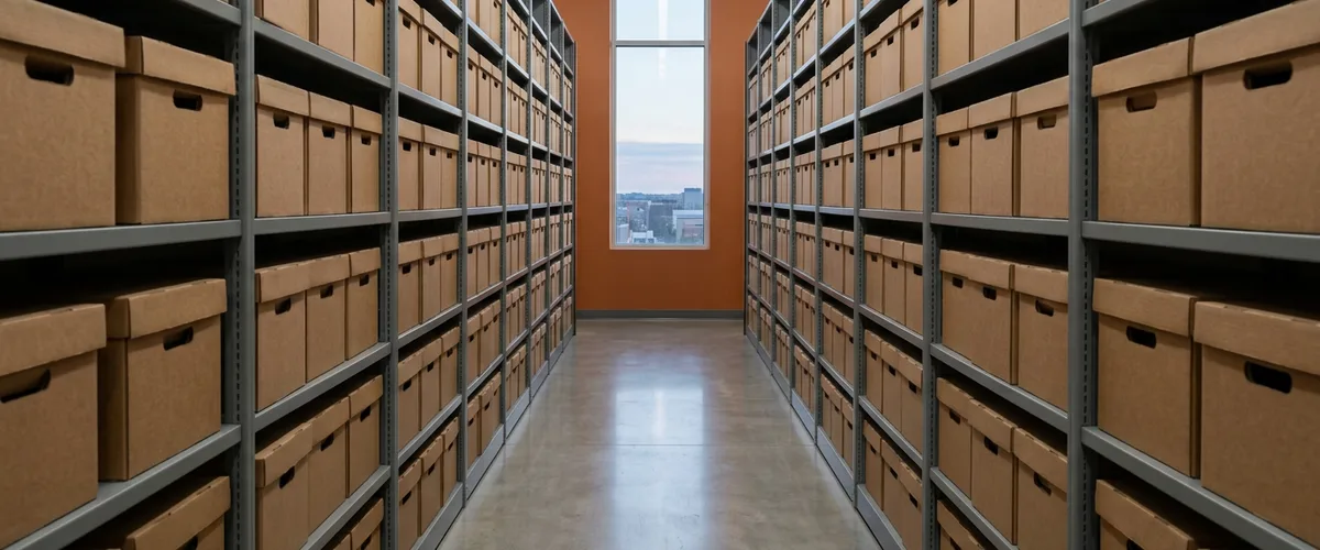 Aisle of archive boxes on steel shelving in a records room, where a SOW misclassification audit starts