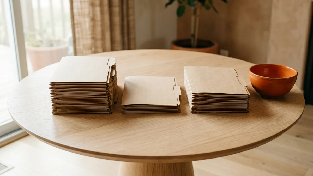 Three stacks of manila folders on a round oak table, one per pile in a SOW spend audit: reroute, restructure, leave alone
