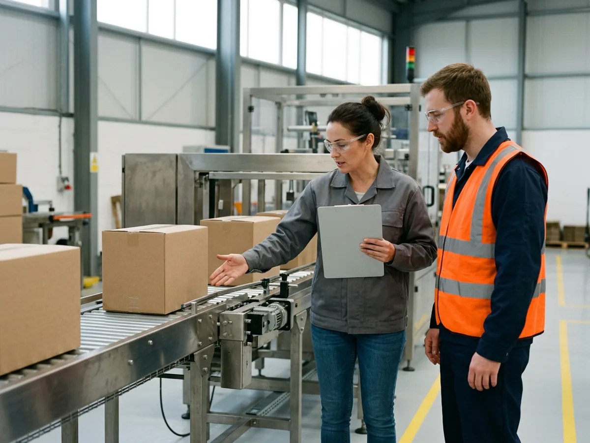 Plant operations manager with a clipboard and a contract engineer in a safety vest walking a newly installed packaging line, the kind of acceptance check a statement of work staffing engagement is paid against