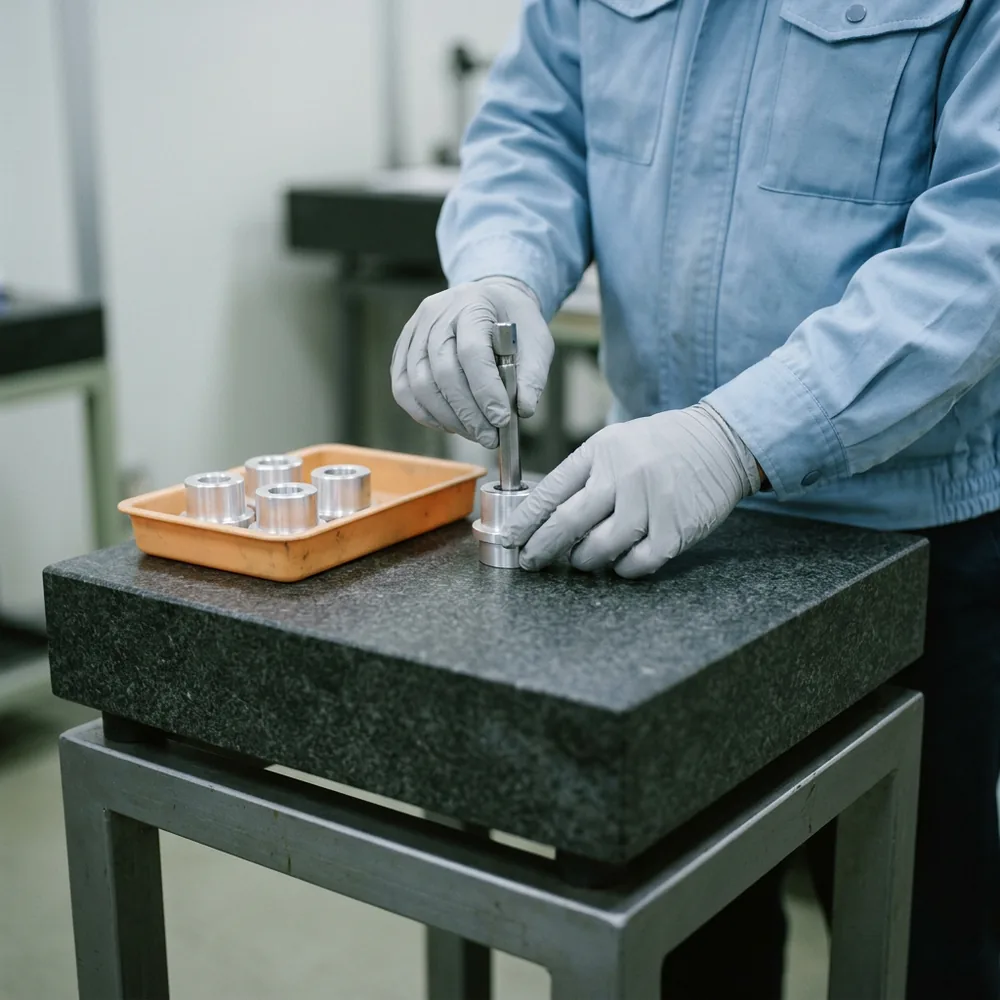 Quality inspector in grey nitrile gloves easing a go no-go plug gauge into a machined aluminium part on a granite surface plate, a pass or fail test like SOW acceptance criteria