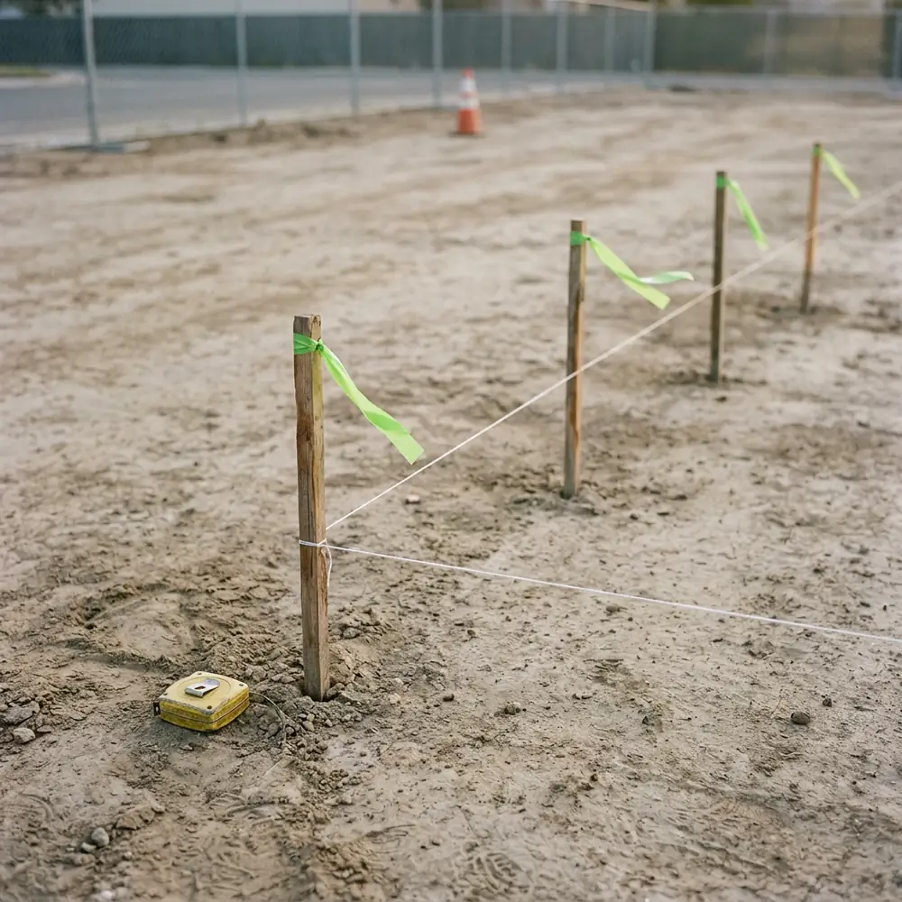 Wooden survey stakes tied with lime green flagging tape and joined by a taut string line across an empty graded lot, a physical picture of a SOW scope boundary