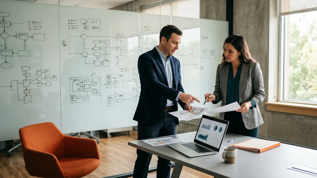 Two IT professionals reviewing a Splunk certification roadmap in a conference room