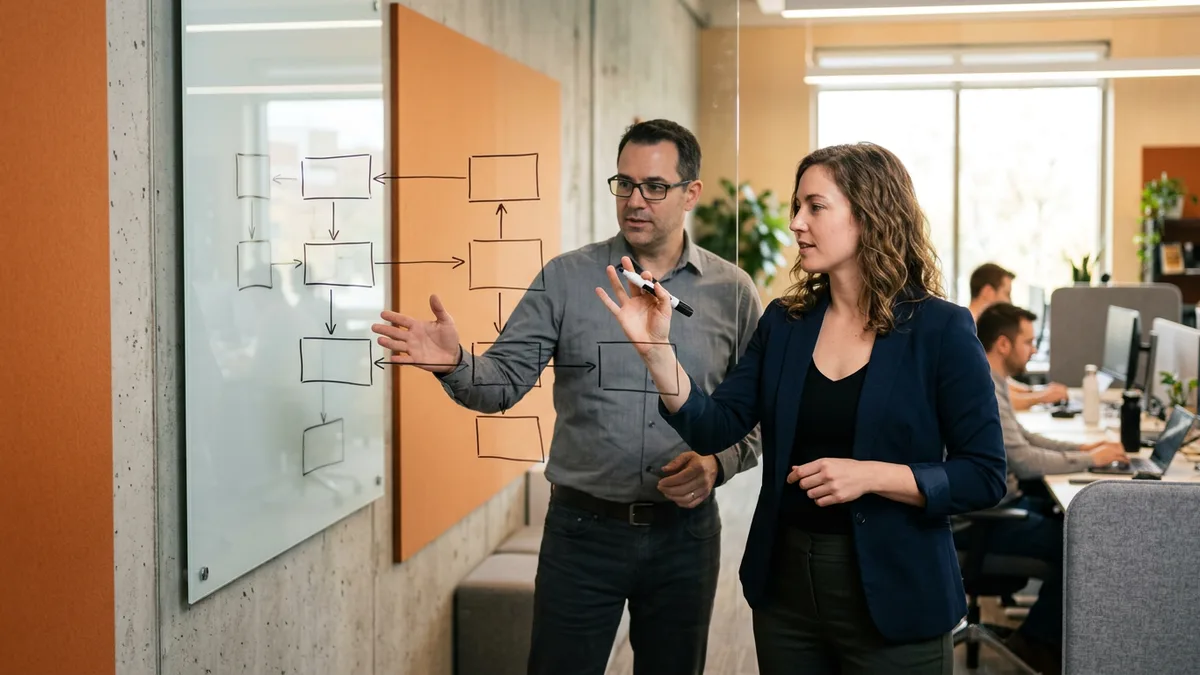 IT professionals sketching a Splunk Cloud versus on-prem architecture diagram on a whiteboard