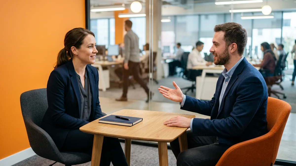 Hiring manager and Splunk engineer candidate discussing experience during an in-person interview at a small table