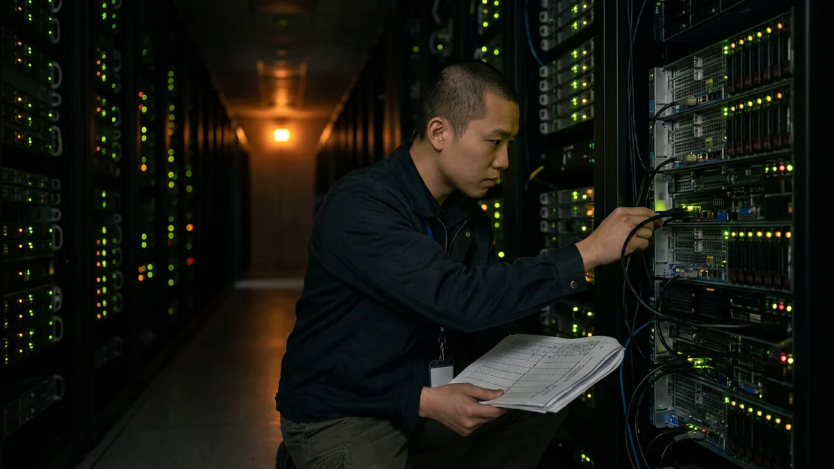 Splunk platform engineer inspecting a physical server rack and cabling in a dark data center aisle