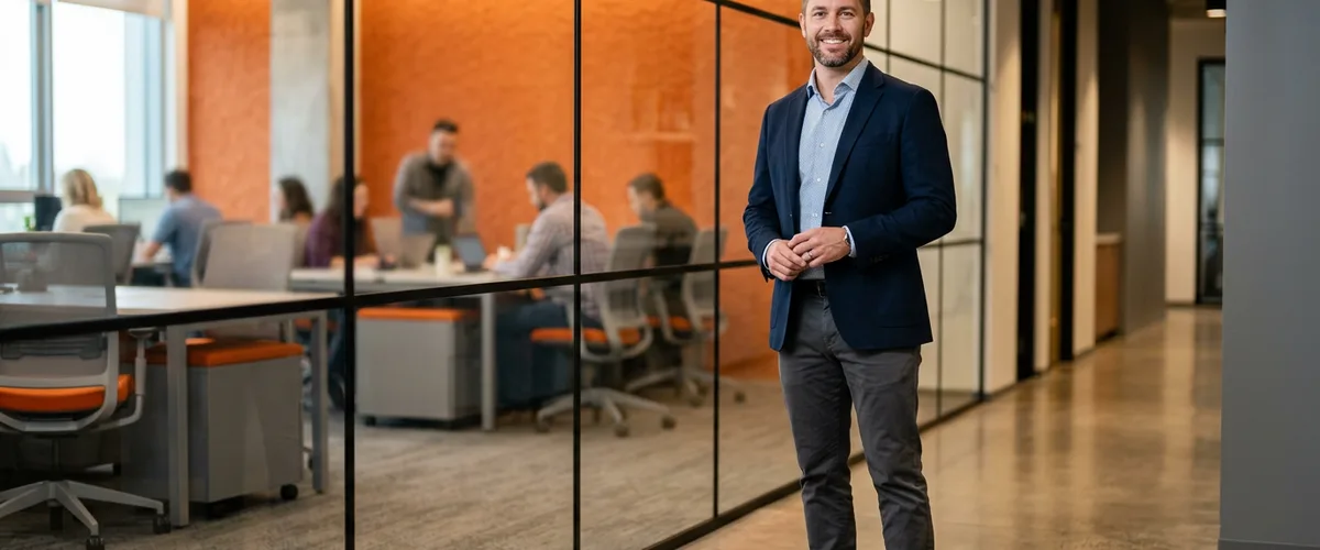 Confident Splunk engineer candidate standing in a modern tech office hallway with orange accent walls before a job interview