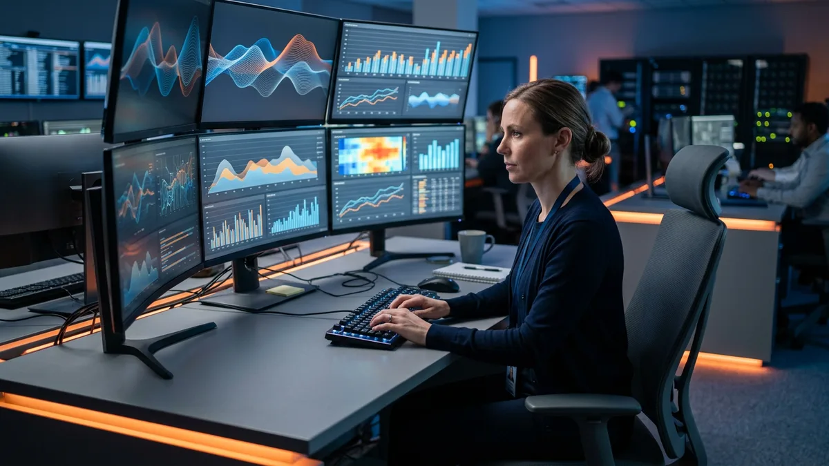 Splunk engineer writing SPL searches and reviewing dashboards at a multi-monitor workstation