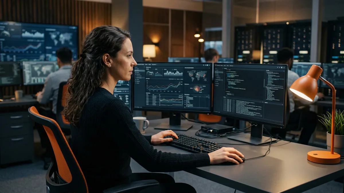 Splunk engineer reviewing SIEM correlation searches on a dual-monitor workstation