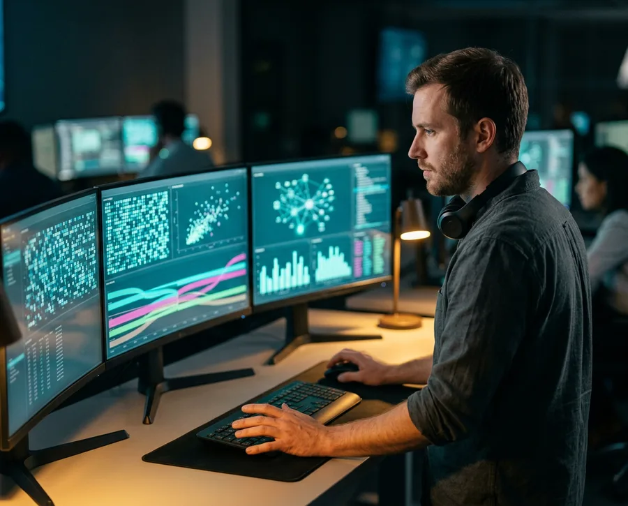 Splunk engineer monitoring SIEM dashboards and log data across multiple screens in a security operations environment