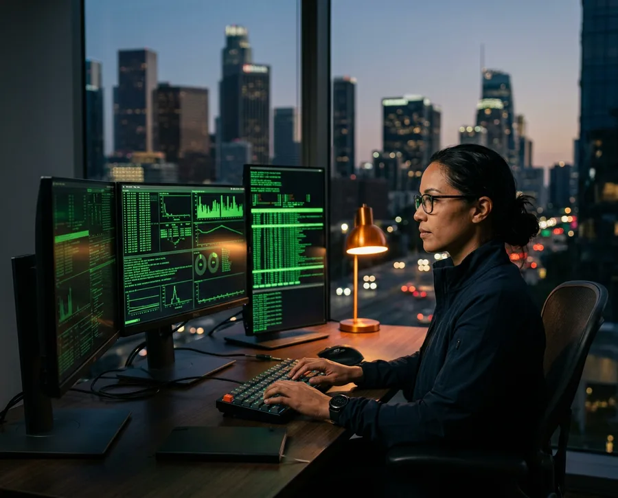 Cybersecurity engineer monitoring Splunk dashboards at a Los Angeles security operations desk