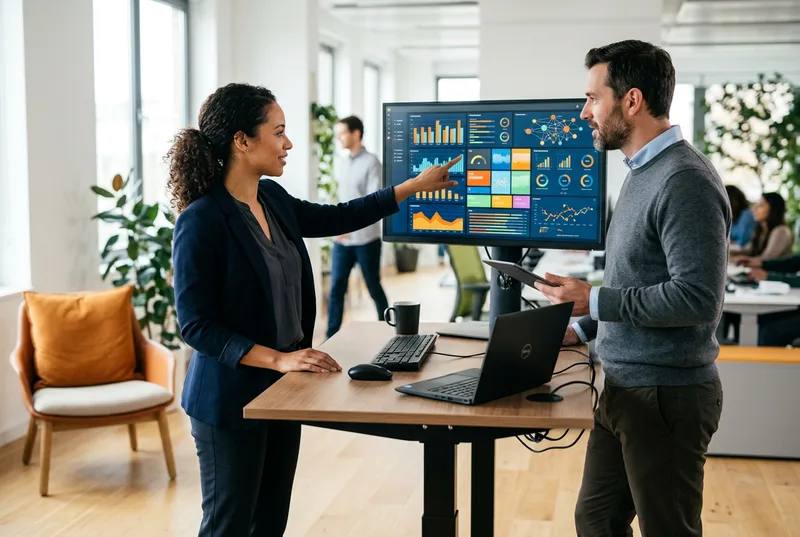 Splunk architect and content developer reviewing SIEM dashboards together in a Los Angeles office