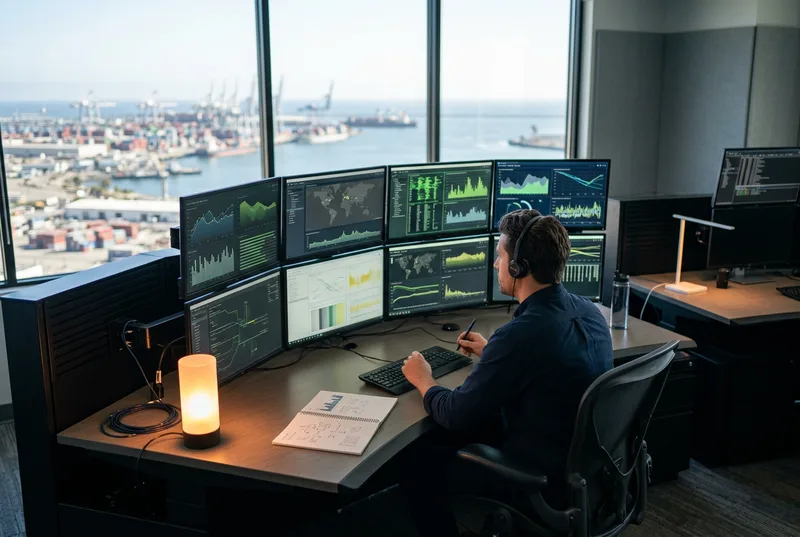 Security engineer monitoring SIEM data near the Los Angeles and Long Beach port and industrial corridor