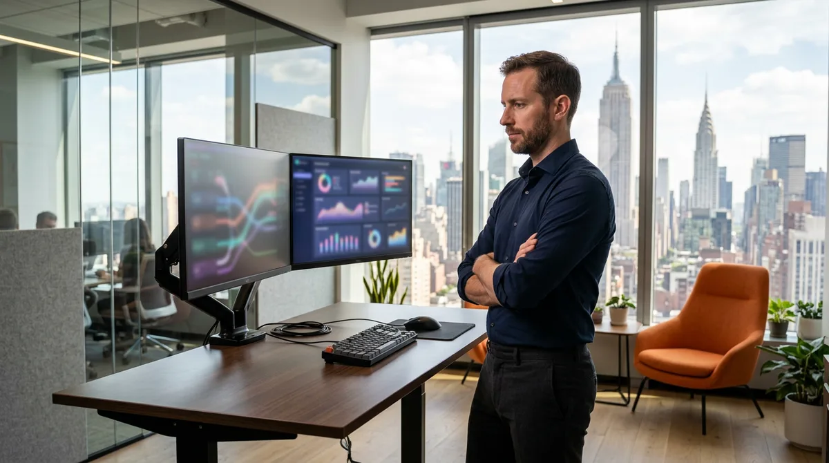 A Splunk engineer reviewing dashboard monitors at a standing desk in a New York office