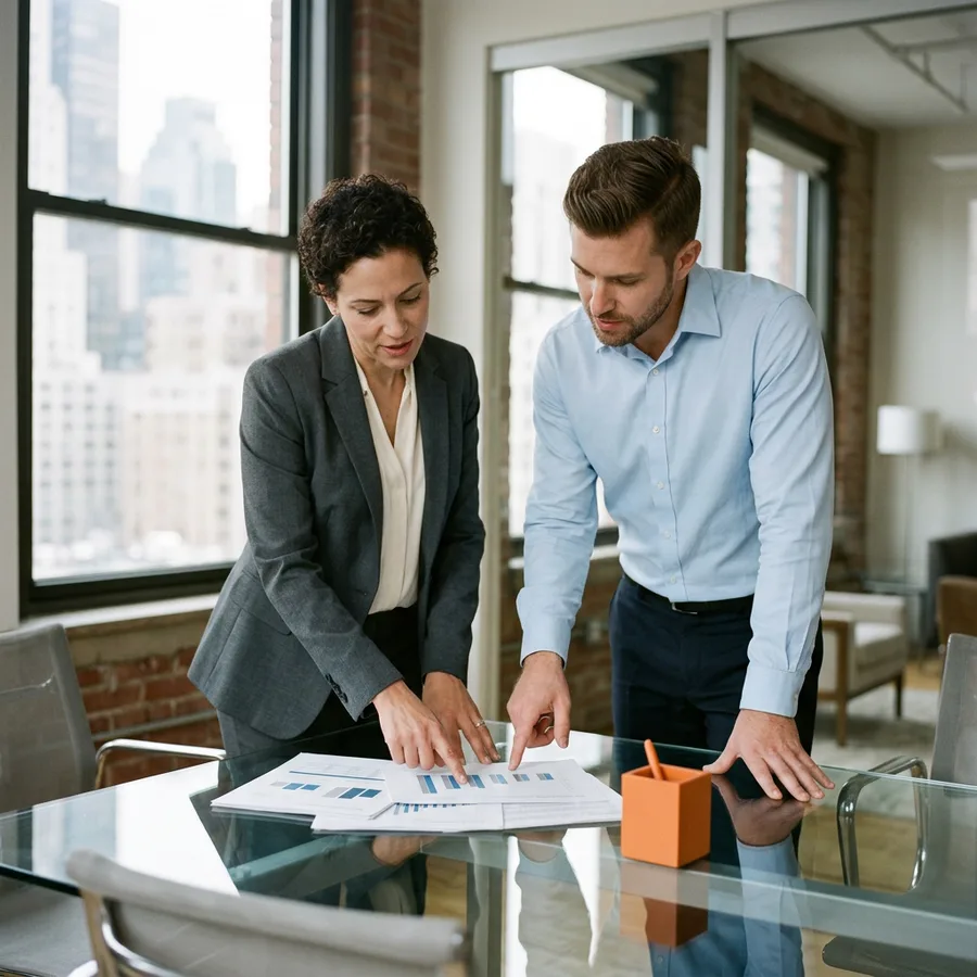 A financial services compliance officer and a Splunk engineer reviewing a printed audit log report in a New York office