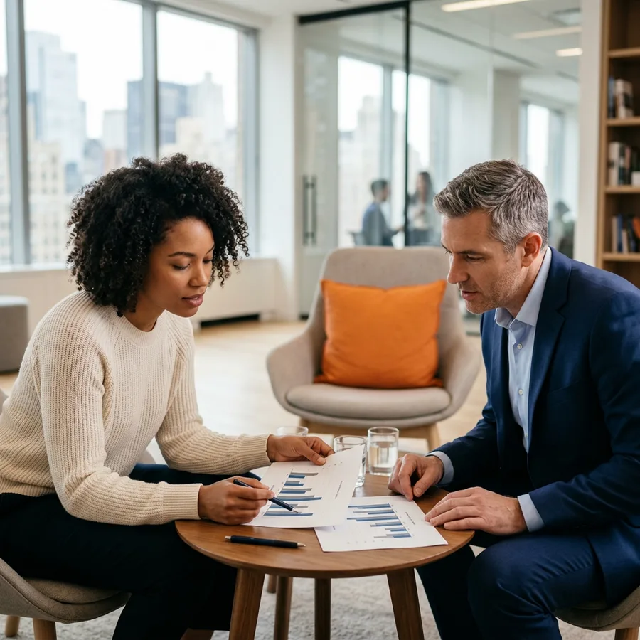 A recruiter and hiring manager comparing printed compensation bands at a desk in New York