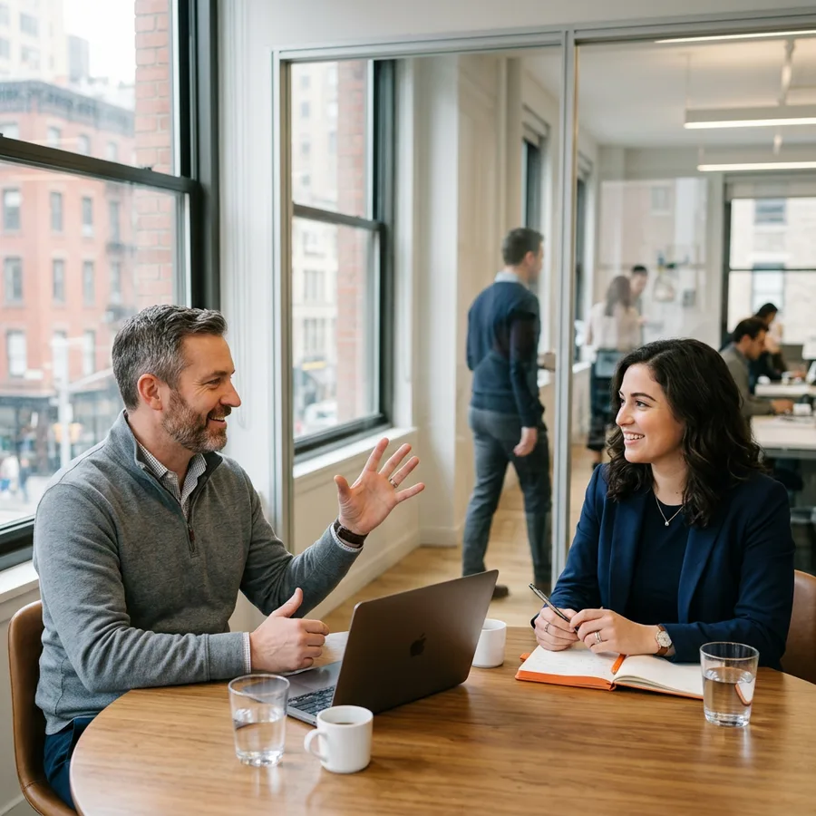 A team lead and a job candidate discussing a role over a laptop in a New York office meeting room