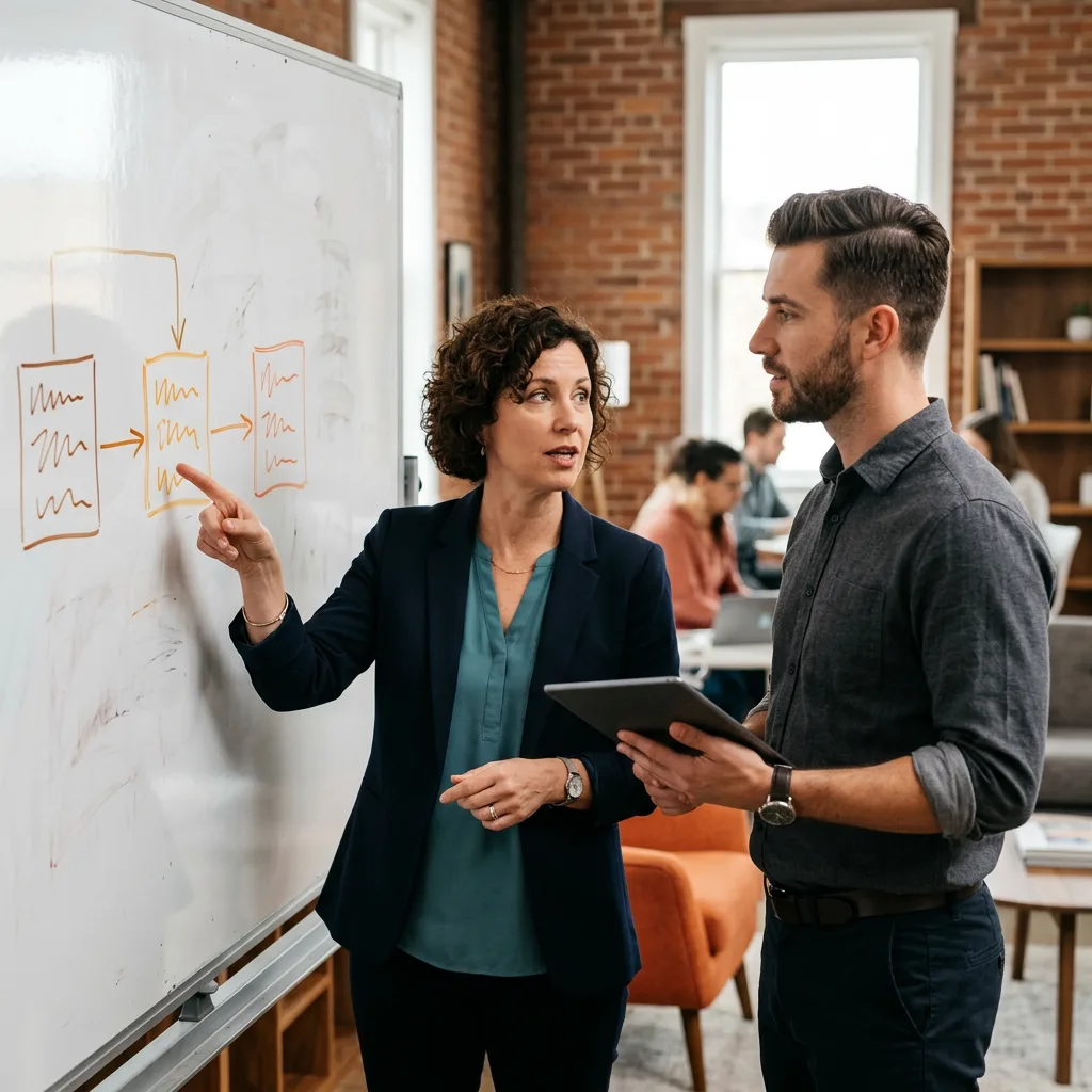 Two KORE1 recruiters comparing notes on Splunk candidates in front of a whiteboard sketch of indexer and search head architecture