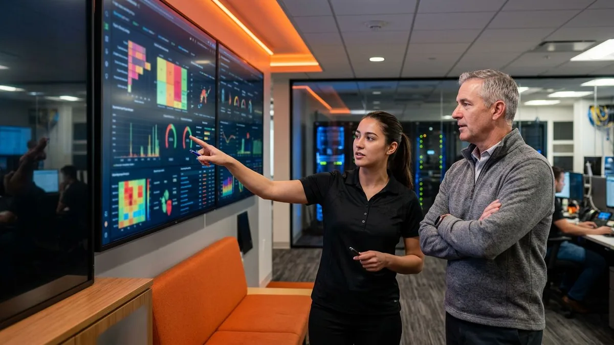 Security team members collaborating in front of a Splunk dashboard display