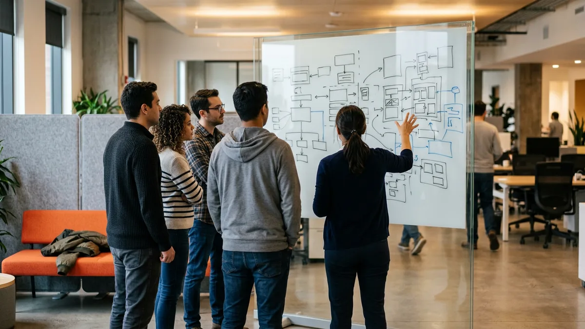 Staff augmentation engineers standing with a client product team at a whiteboard during a morning standup
